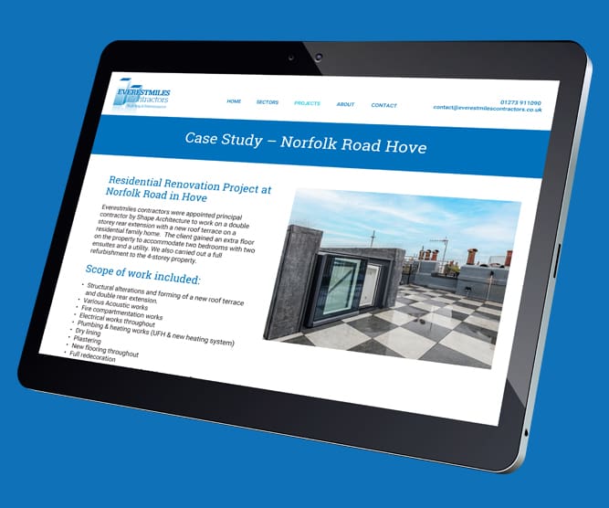 Everestmiles building contractors website - case studies page shown on tablet screen