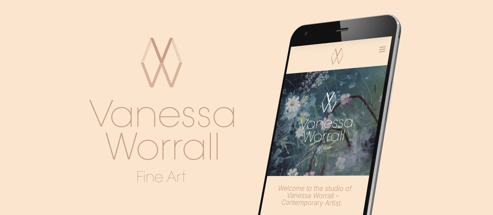 Vanessa Worrall fine art - rebrand with new logo design and e-commerce website shown on mobile screen