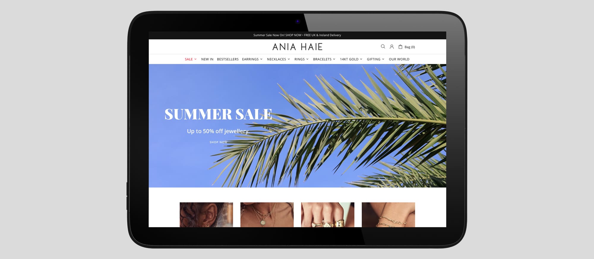 ania hair jewellery brand website shown on tablet