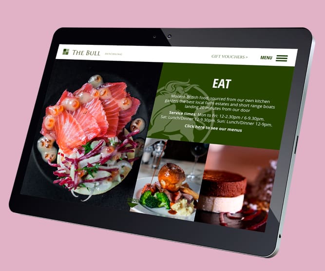 bull pub website showing food page on tablet