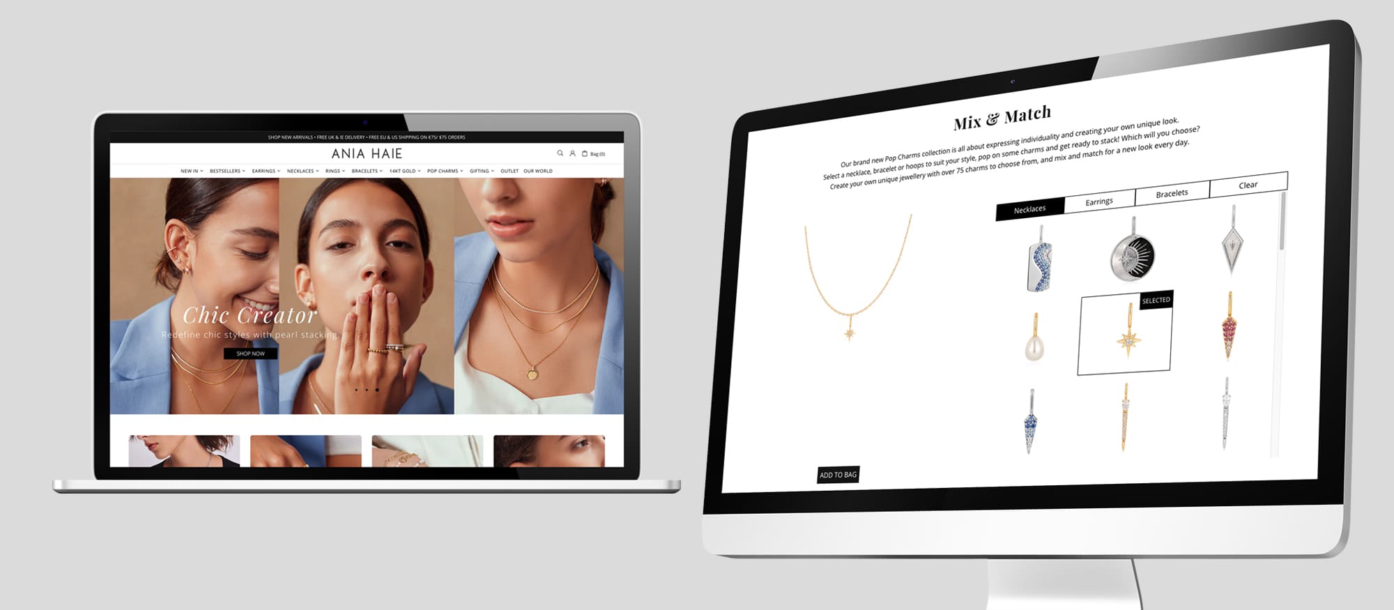 A desktop and laptop screen showing the website for jewellery brand Ania Haie