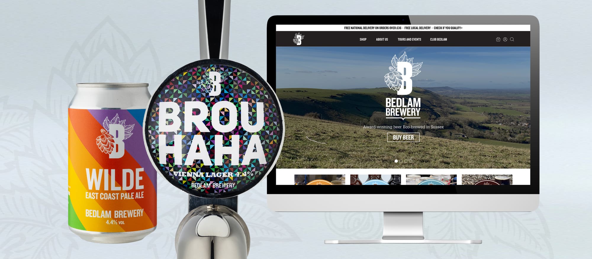 Bedlam brewery website shown on desktop screen, with pump clip beer design and beer can design