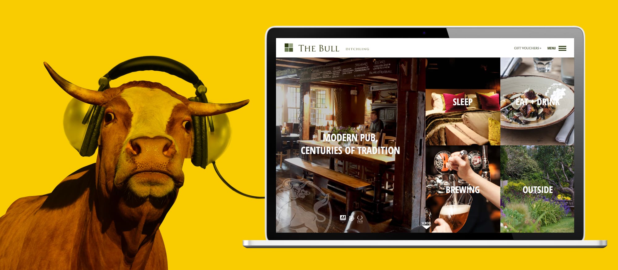 The bull pub in ditchling website shown on a laptop, with graphic of bull wearing headphones