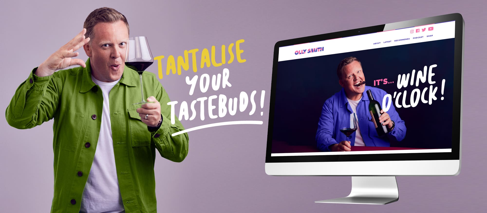picture of olly smith holding a wine glass and his website shown on a computer screen