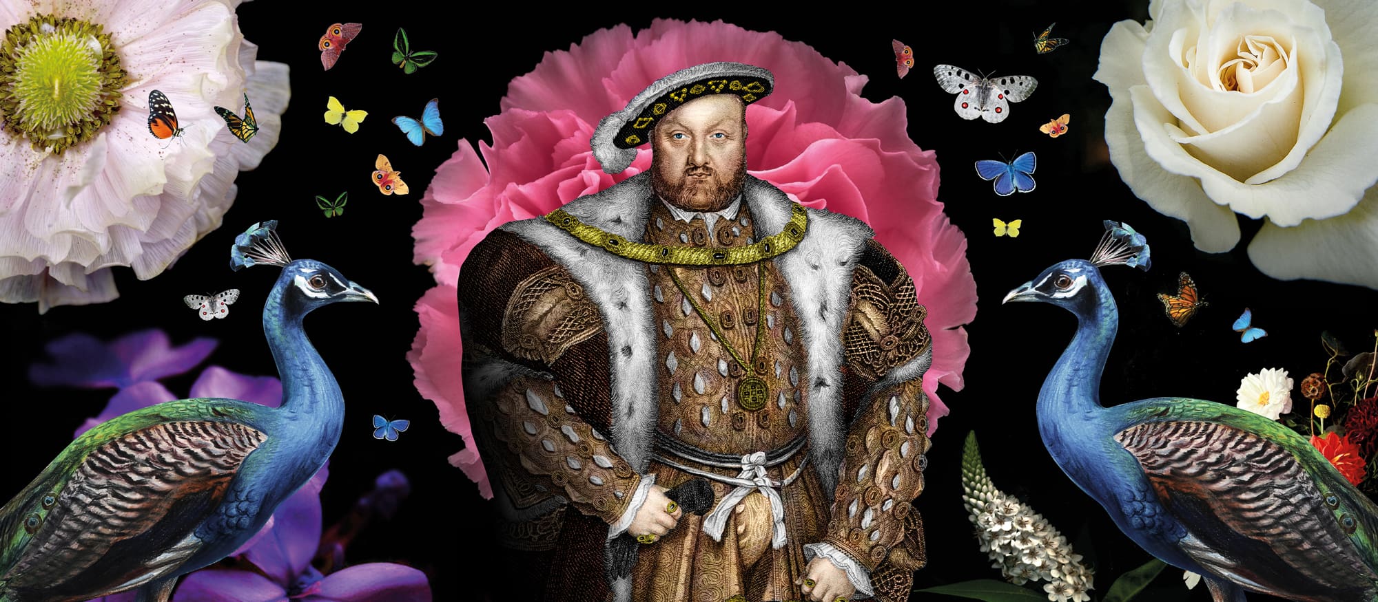 print design of henry eighth with flowers, birds and butterflies