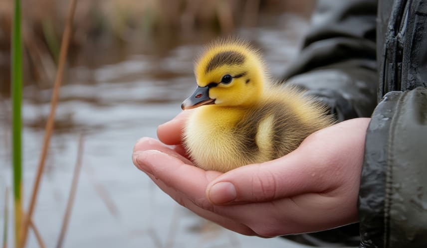 Human connection- human hands holding a baby bird