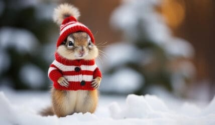 seasonal marketing - hamster in knitted jumper and hat standing in the snow