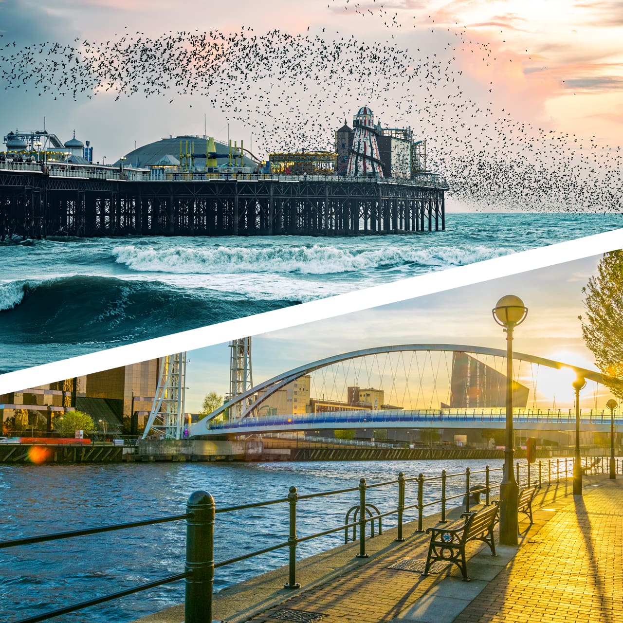 Split image showing cities of Brighton and Manchester
