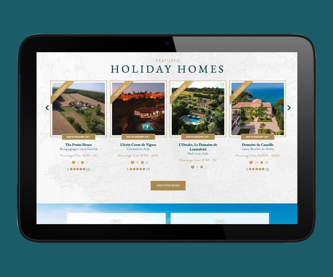 Holiday Homes in France booking website - image showing holiday home search function on tablet