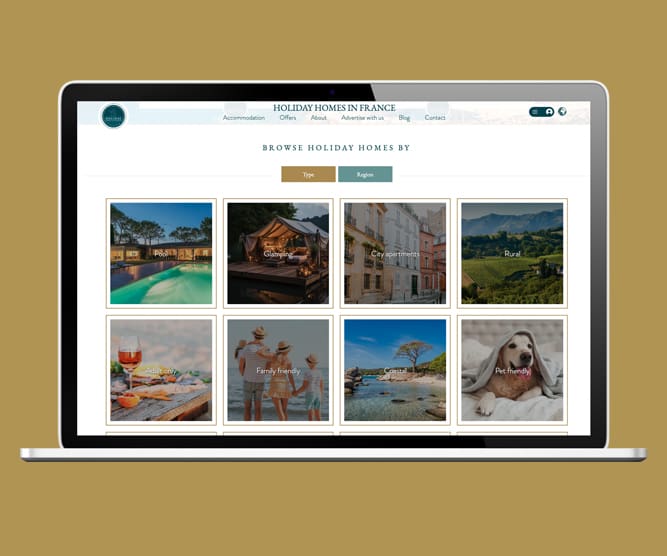 Holiday Homes in France booking website - image showing property search on laptop screen