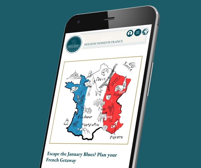 Holiday Homes in France booking website - image showing map function on mobile