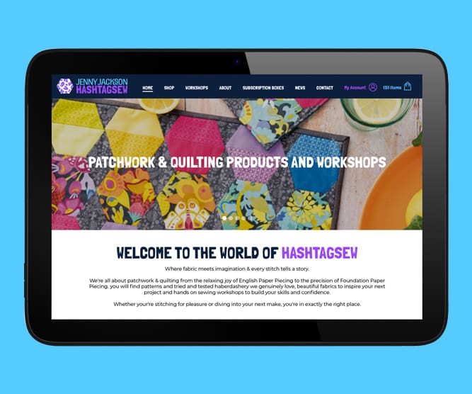 E-commerce web design for English paper piecing brand Hashtagsew - website shown on tablet screen