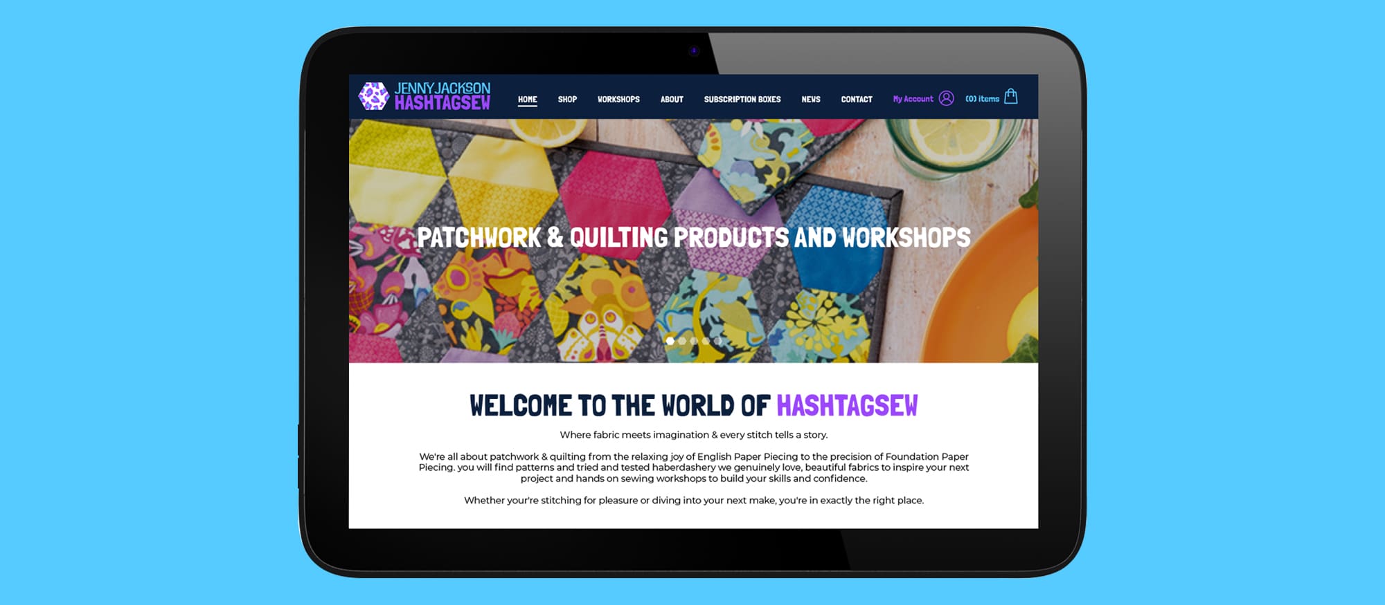E-commerce web design for English paper piecing brand Hashtagsew - website shown on tablet screen