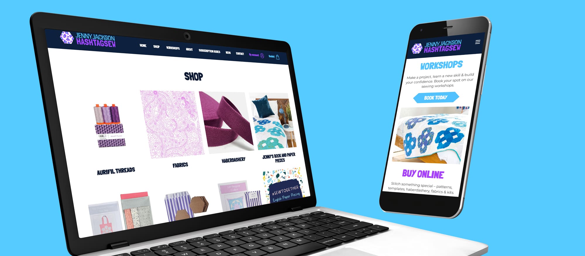 E-commerce web design for English paper piecing brand Hashtagsew - website shop shown on laptop and mobile screens