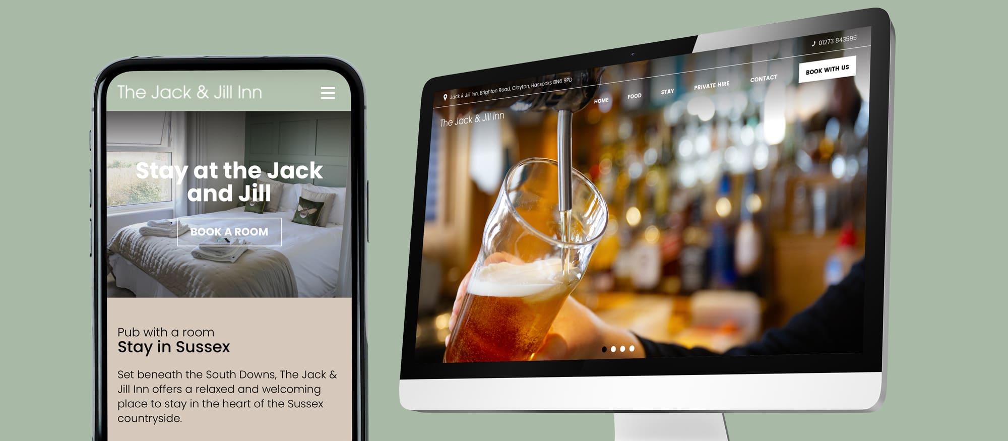 Website design for the Jack and Jill Inn - pub website shown on desktop and mobile screens