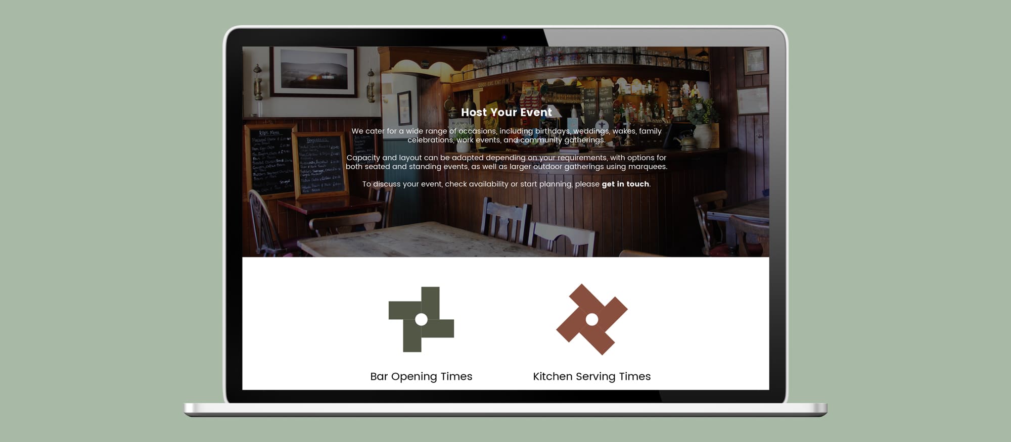 Website design for the Jack and Jill Inn - pub website shown on laptop screen